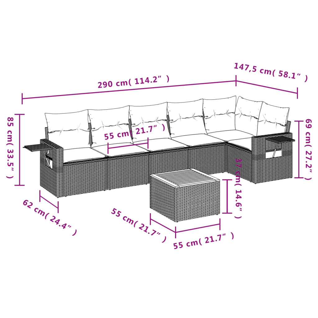 7-tlg. Garten-Sofagarnitur mit Kissen Grau Poly Rattan