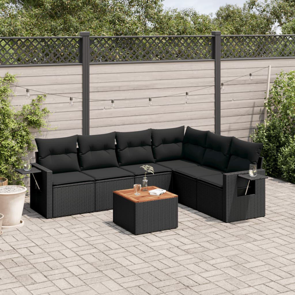 7-tlg. Garten-Sofagarnitur mit Kissen Schwarz Poly Rattan