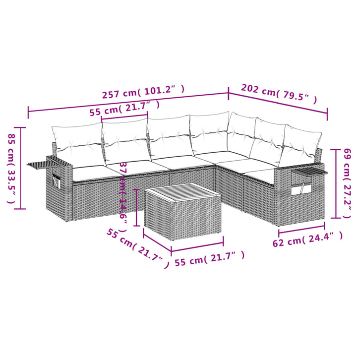 7-tlg. Garten-Sofagarnitur mit Kissen Schwarz Poly Rattan