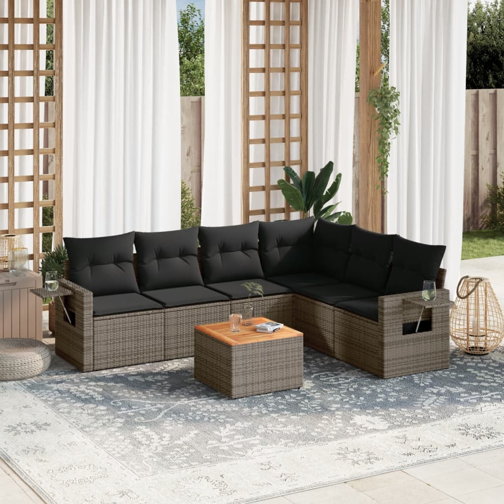 7-tlg. Garten-Sofagarnitur mit Kissen Grau Poly Rattan