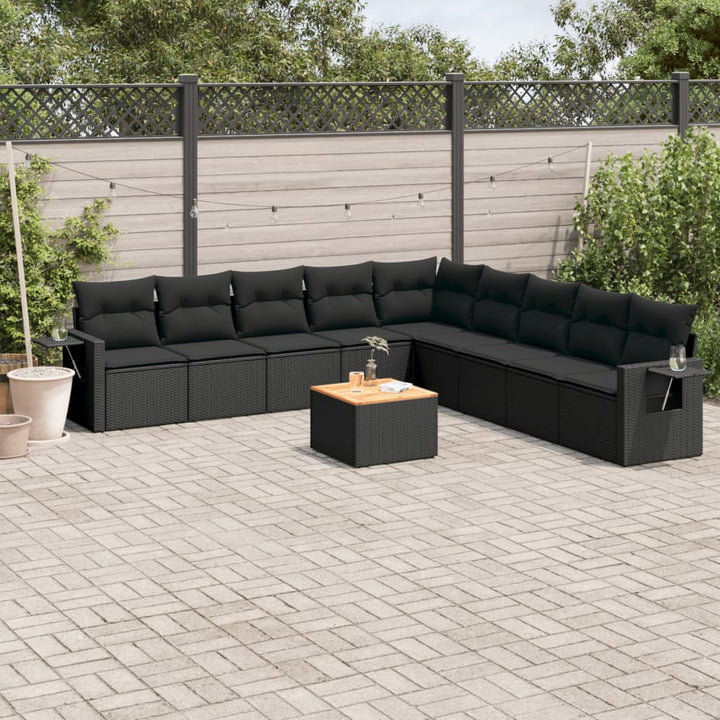 10-tlg. Garten-Sofagarnitur mit Kissen Schwarz Poly Rattan