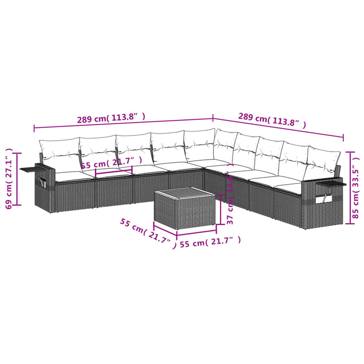 10-tlg. Garten-Sofagarnitur mit Kissen Schwarz Poly Rattan