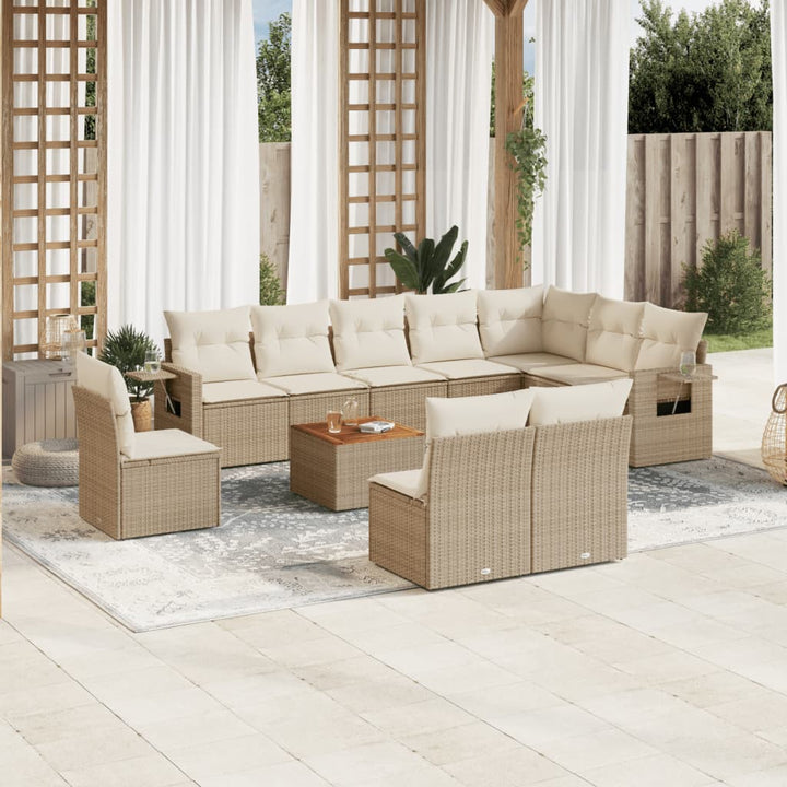 11-tlg. Garten-Sofagarnitur mit Kissen Beige Poly Rattan