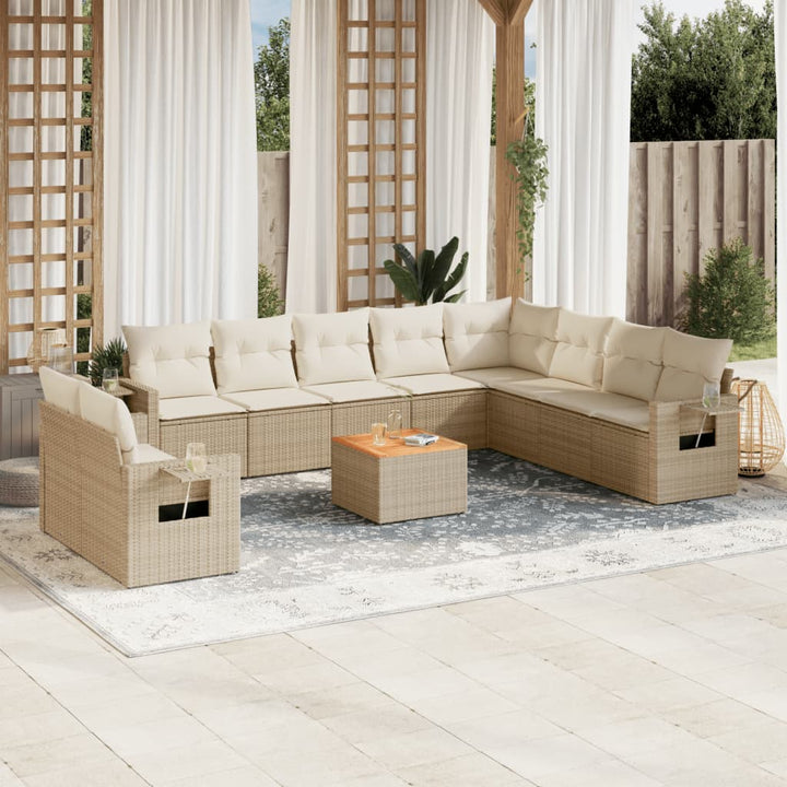 11-tlg. Garten-Sofagarnitur mit Kissen Beige Poly Rattan