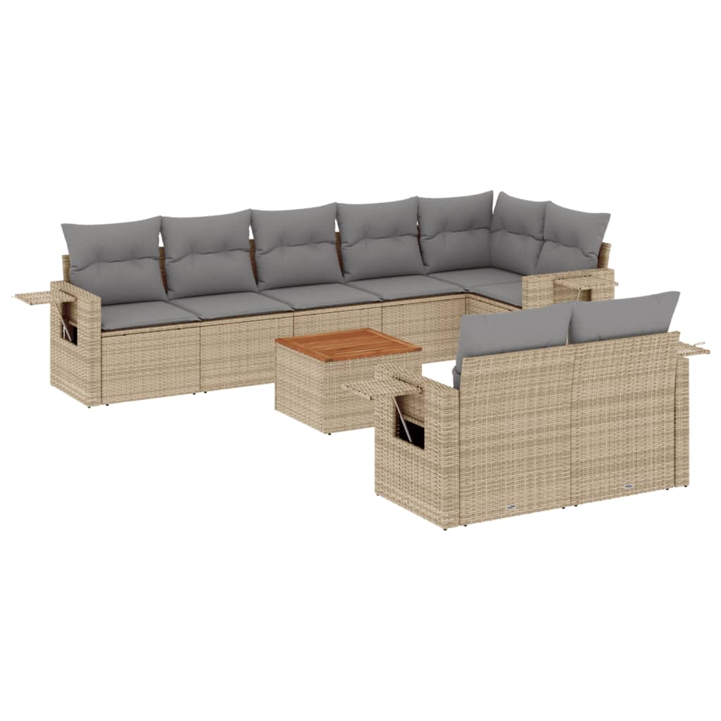 9-tlg. Garten-Sofagarnitur mit Kissen Beige Poly Rattan