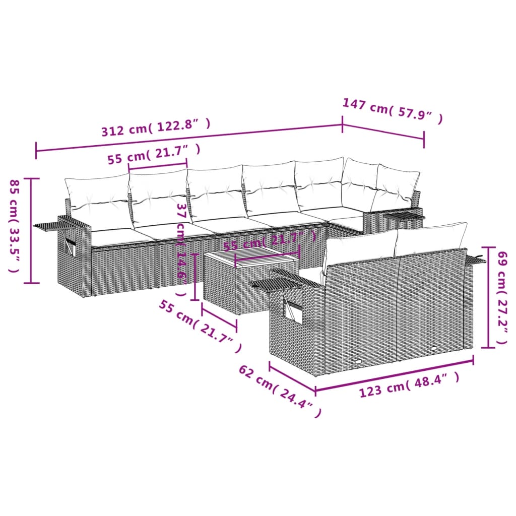 9-tlg. Garten-Sofagarnitur mit Kissen Grau Poly Rattan