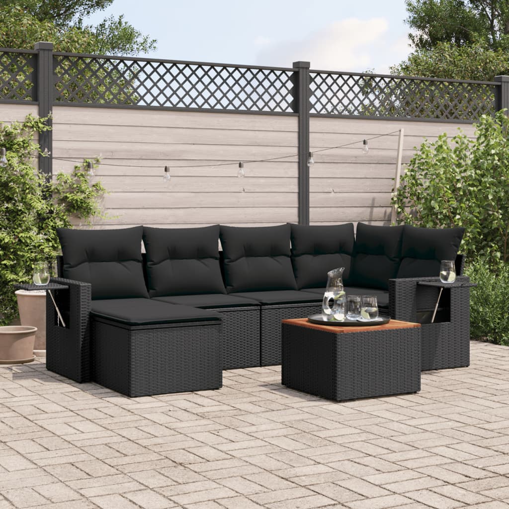 7-tlg. Garten-Sofagarnitur mit Kissen Schwarz Poly Rattan