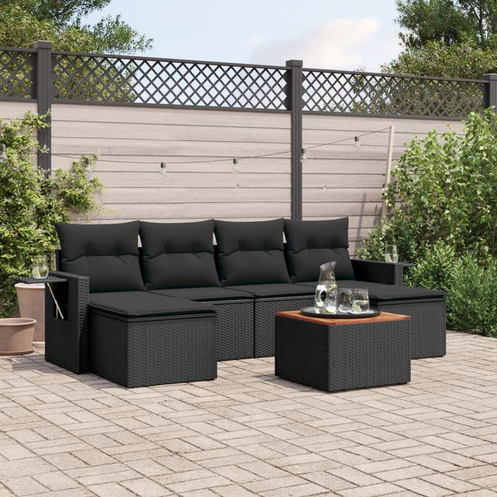 7-tlg. Garten-Sofagarnitur mit Kissen Schwarz Poly Rattan