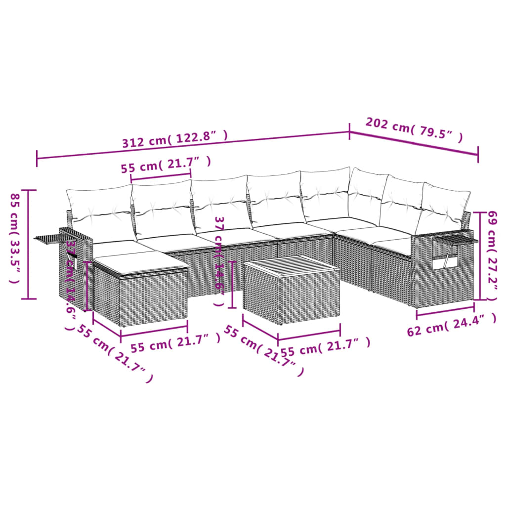 9-tlg. Garten-Sofagarnitur mit Kissen Grau Poly Rattan