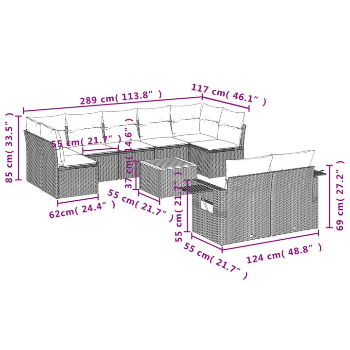 10-tlg. Garten-Sofagarnitur mit Kissen Schwarz Poly Rattan