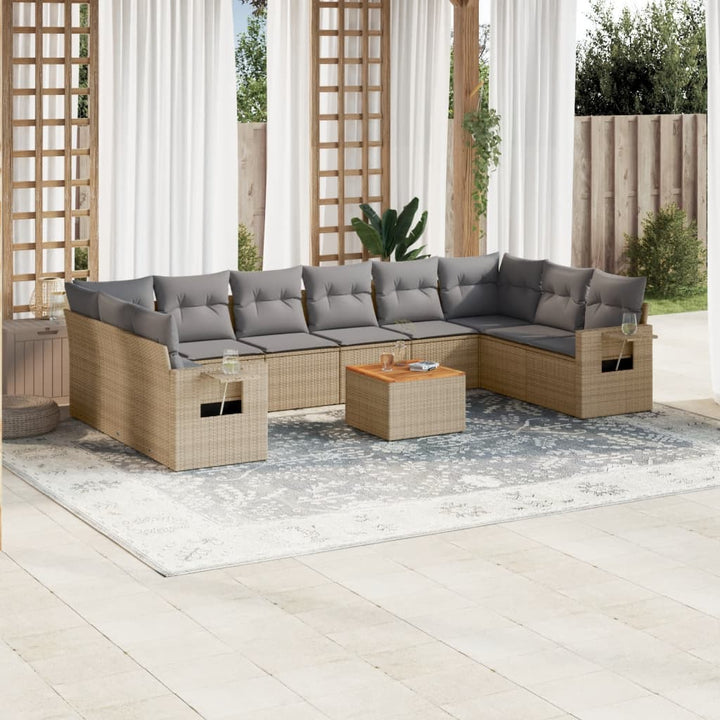 11-tlg. Garten-Sofagarnitur mit Kissen Beige Poly Rattan