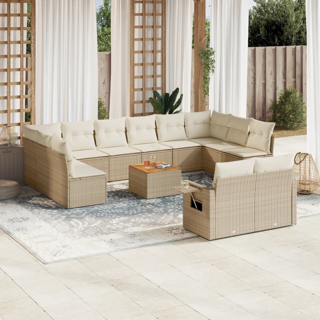 13-tlg. Garten-Sofagarnitur mit Kissen Beige Poly Rattan