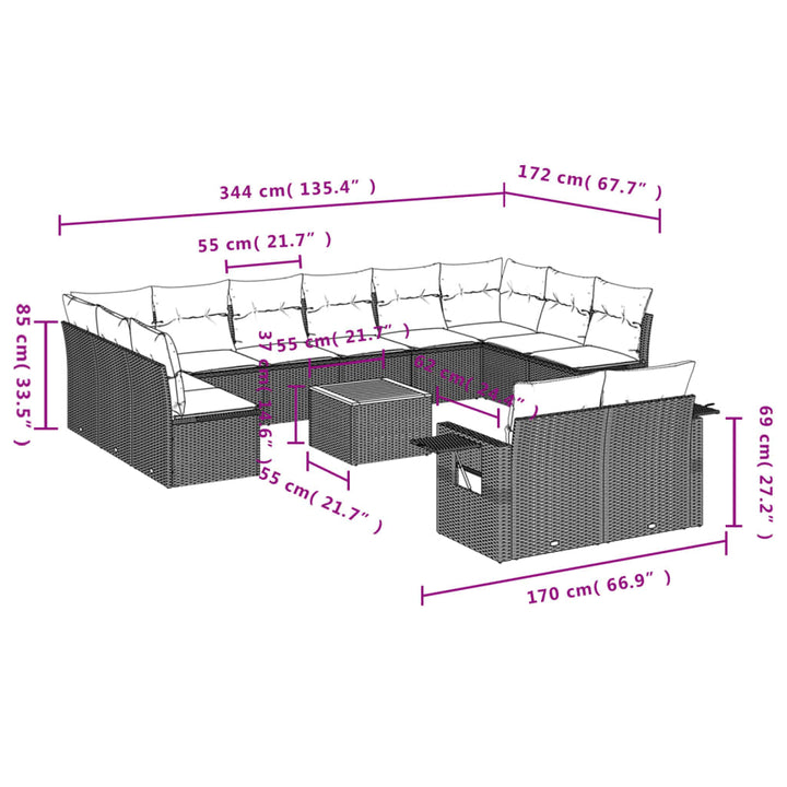 13-tlg. Garten-Sofagarnitur mit Kissen Grau Poly Rattan