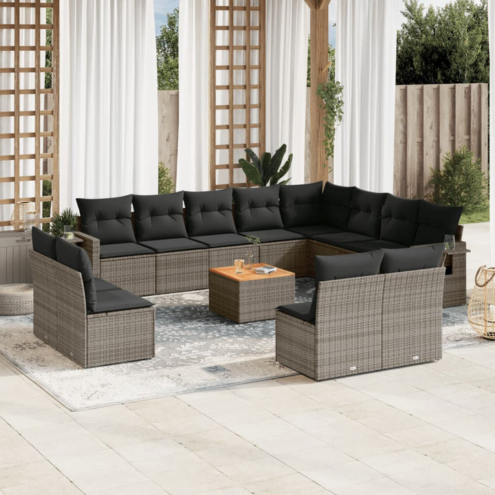 13-tlg. Garten-Sofagarnitur mit Kissen Grau Poly Rattan