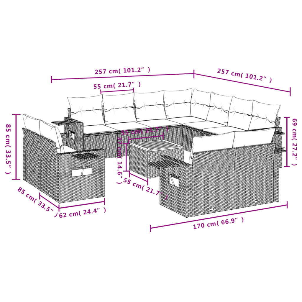 12-tlg. Garten-Sofagarnitur mit Kissen Schwarz Poly Rattan