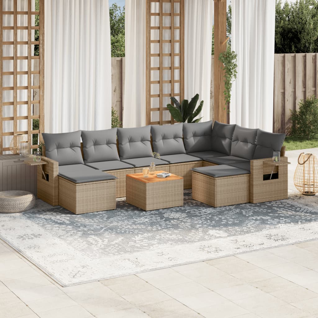 10-tlg. Garten-Sofagarnitur mit Kissen Beige Poly Rattan