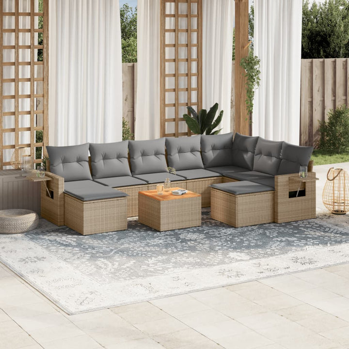 10-tlg. Garten-Sofagarnitur mit Kissen Beige Poly Rattan