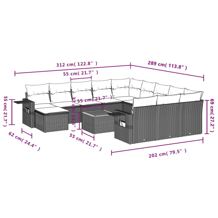 13-tlg. Garten-Sofagarnitur mit Kissen Schwarz Poly Rattan