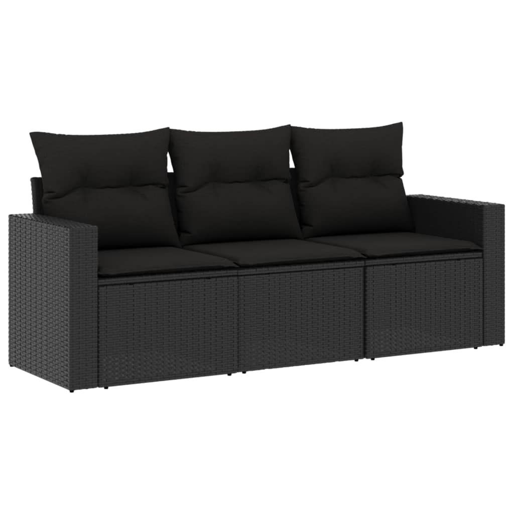 3-tlg. Garten-Sofagarnitur mit Kissen Schwarz Poly Rattan