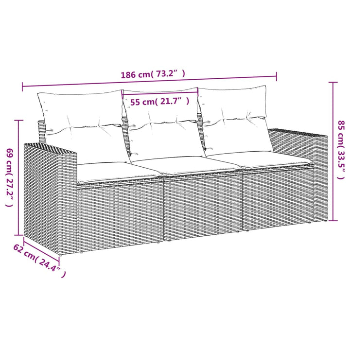 3-tlg. Garten-Sofagarnitur mit Kissen Schwarz Poly Rattan