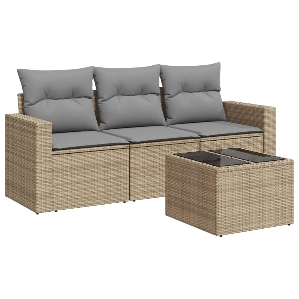 4-tlg. Garten-Sofagarnitur mit Kissen Beige Poly Rattan