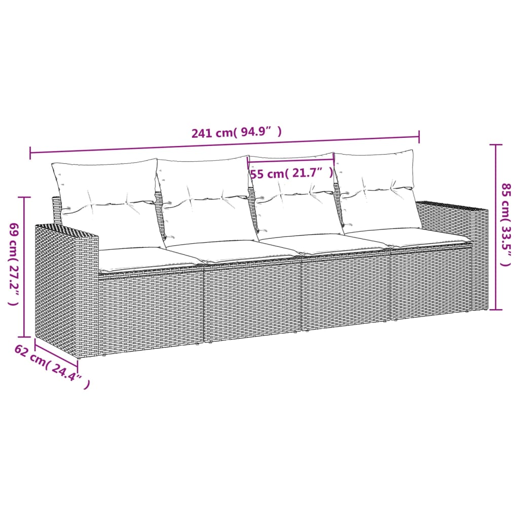 4-tlg. Garten-Sofagarnitur mit Kissen Grau Poly Rattan