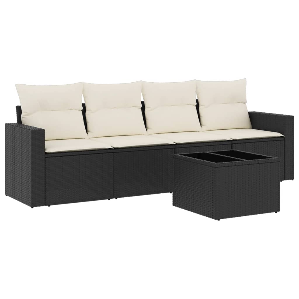 5-tlg. Garten-Sofagarnitur mit Kissen Schwarz Poly Rattan