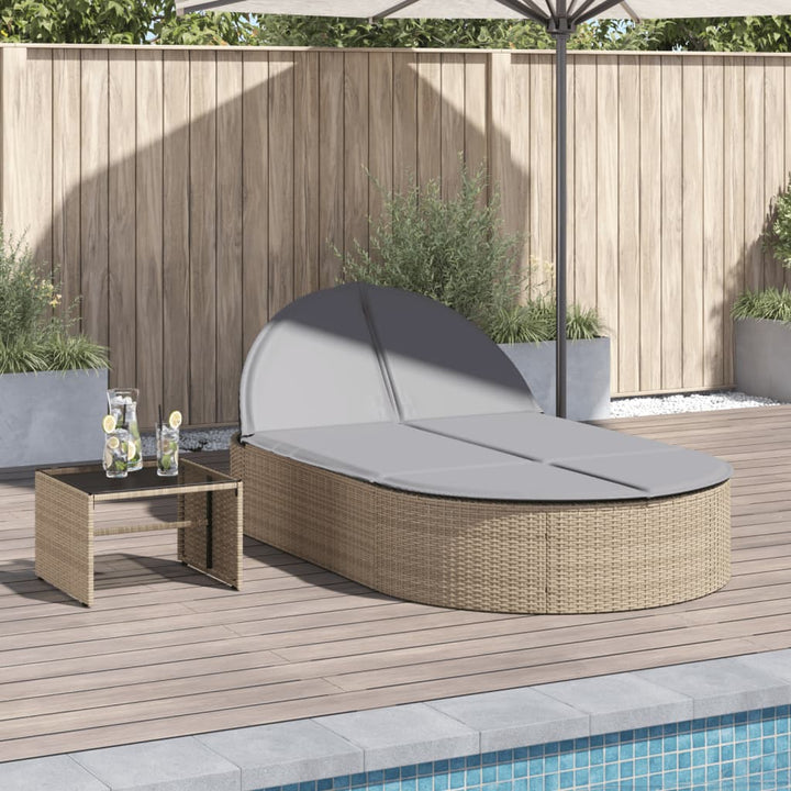 Doppel-Sonnenliege mit Auflagen Beige Poly Rattan