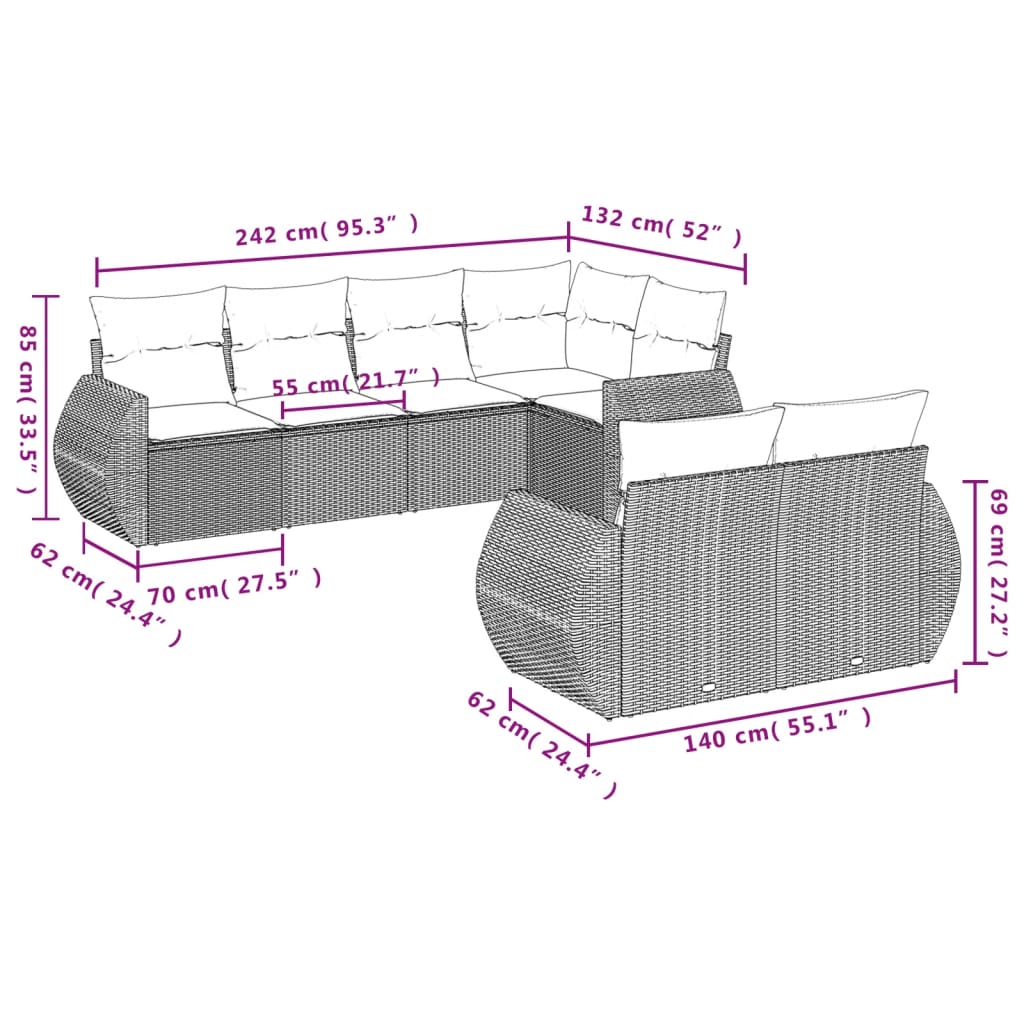 7-tlg. Garten-Sofagarnitur mit Kissen Beige Poly Rattan