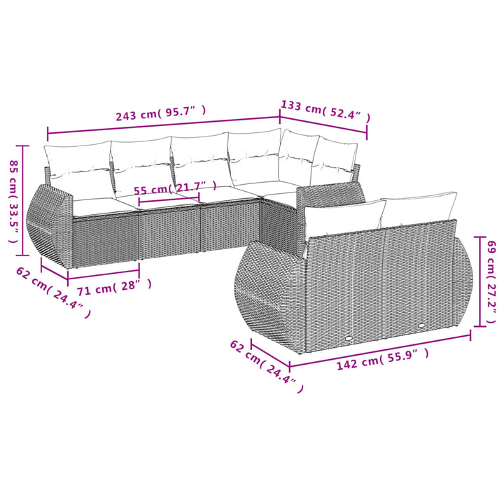 7-tlg. Garten-Sofagarnitur mit Kissen Hellgrau Poly Rattan