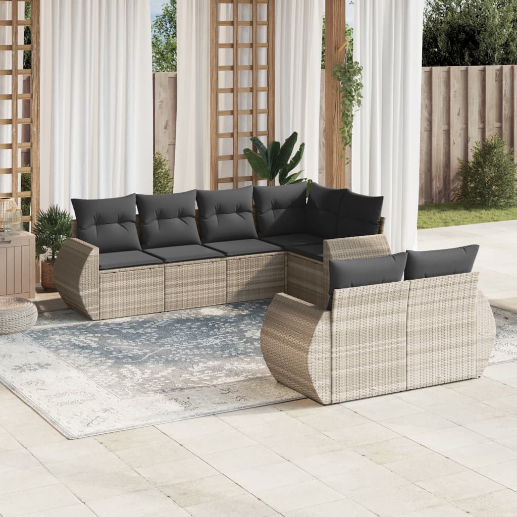 7-tlg. Garten-Sofagarnitur mit Kissen Hellgrau Poly Rattan