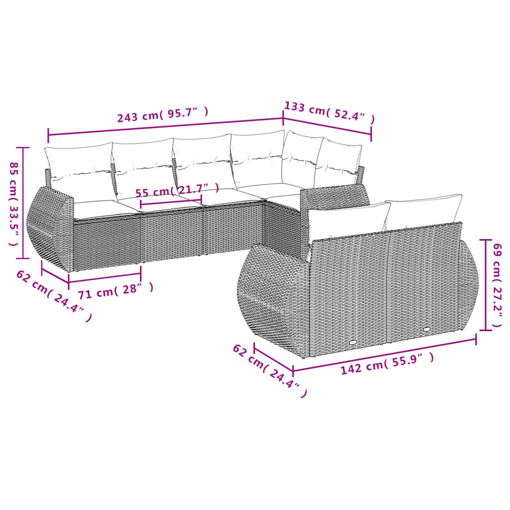 7-tlg. Garten-Sofagarnitur mit Kissen Braun Poly Rattan