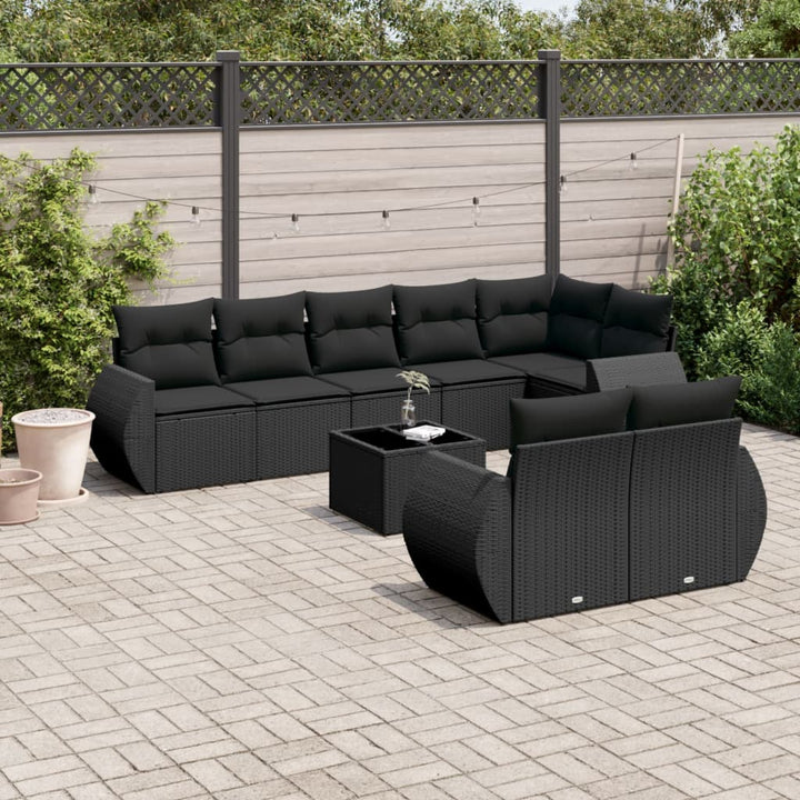 9-tlg. Garten-Sofagarnitur mit Kissen Schwarz Poly Rattan