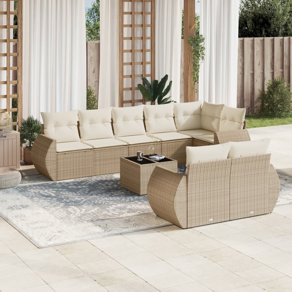 9-tlg. Garten-Sofagarnitur mit Kissen Beige Poly Rattan