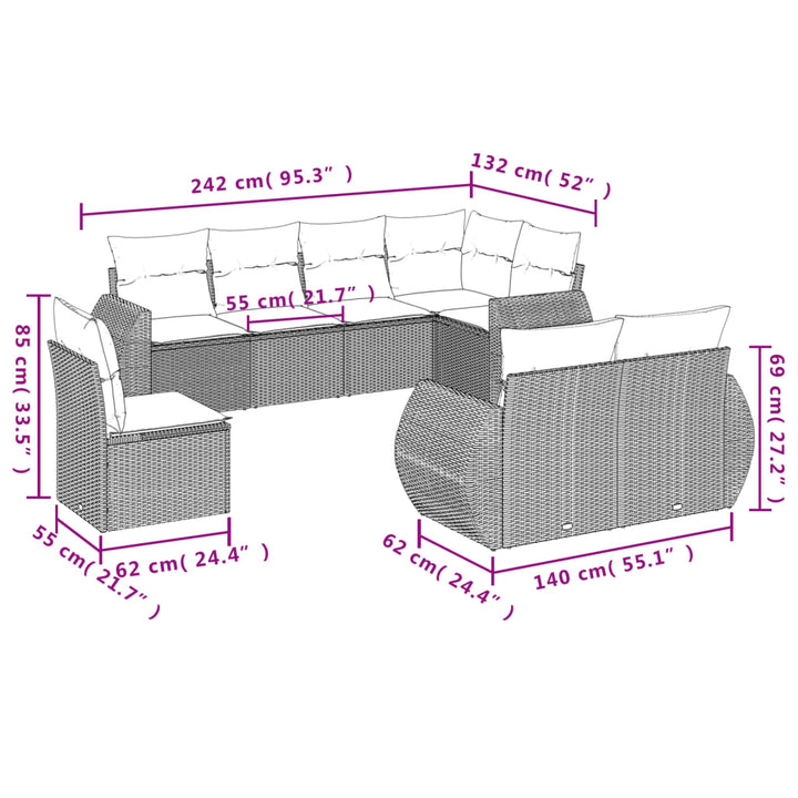 8-tlg. Garten-Sofagarnitur mit Kissen Grau Poly Rattan