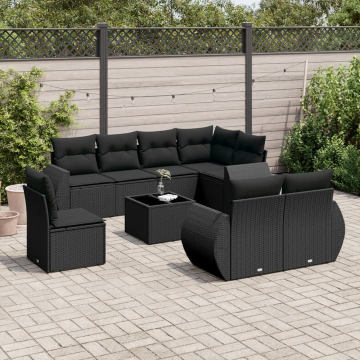 9-tlg. Garten-Sofagarnitur mit Kissen Schwarz Poly Rattan