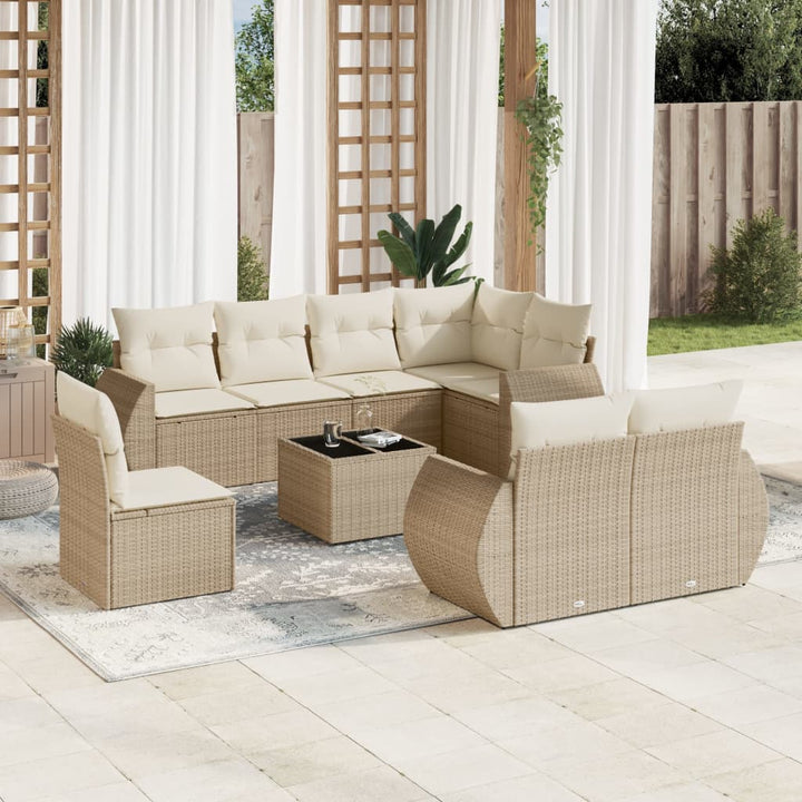 9-tlg. Garten-Sofagarnitur mit Kissen Beige Poly Rattan