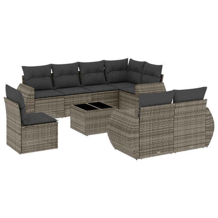 9-tlg. Garten-Sofagarnitur mit Kissen Grau Poly Rattan