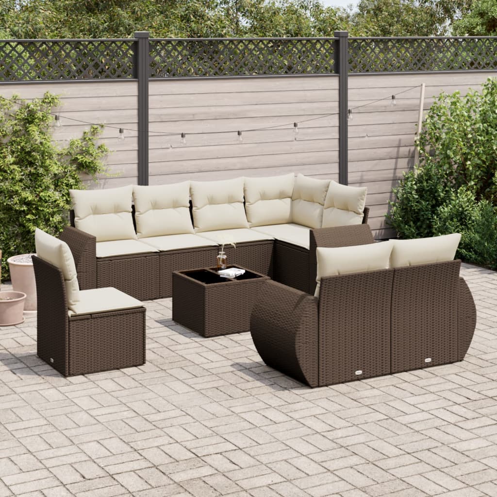 9-tlg. Garten-Sofagarnitur mit Kissen Braun Poly Rattan