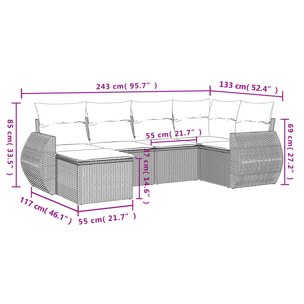 6-tlg. Garten-Sofagarnitur mit Kissen Hellgrau Poly Rattan