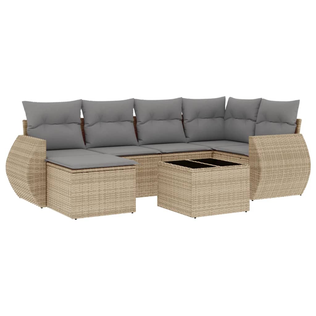 7-tlg. Garten-Sofagarnitur mit Kissen Beige Poly Rattan