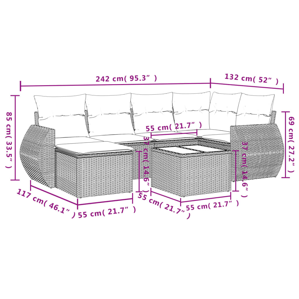 7-tlg. Garten-Sofagarnitur mit Kissen Grau Poly Rattan