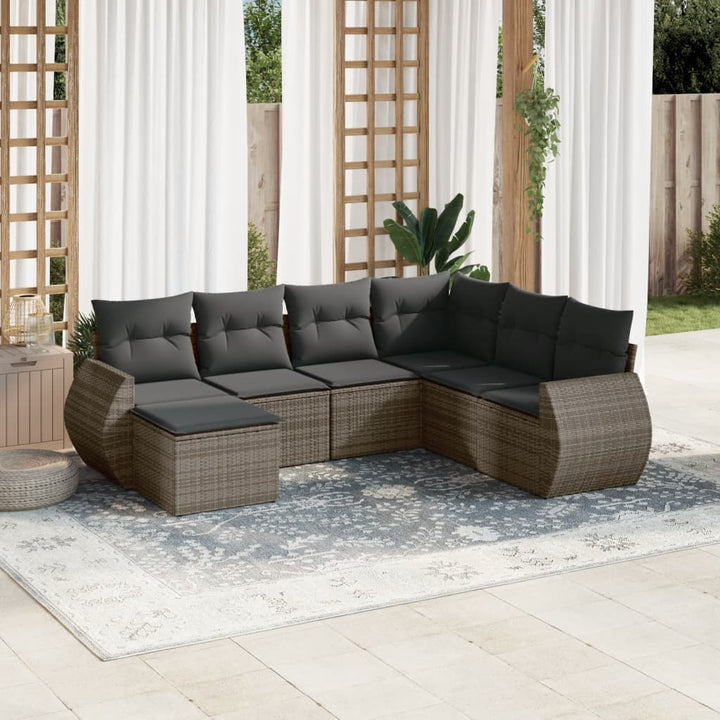 7-tlg. Garten-Sofagarnitur mit Kissen Grau Poly Rattan