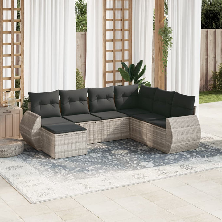 7-tlg. Garten-Sofagarnitur mit Kissen Hellgrau Poly Rattan