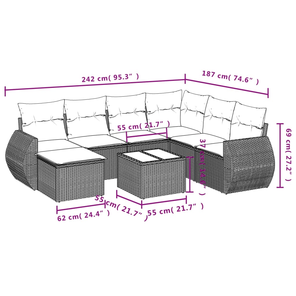 8-tlg. Garten-Sofagarnitur mit Kissen Beige Poly Rattan