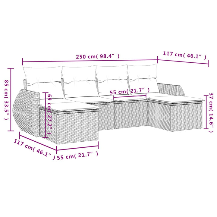 6-tlg. Garten-Sofagarnitur mit Kissen Grau Poly Rattan