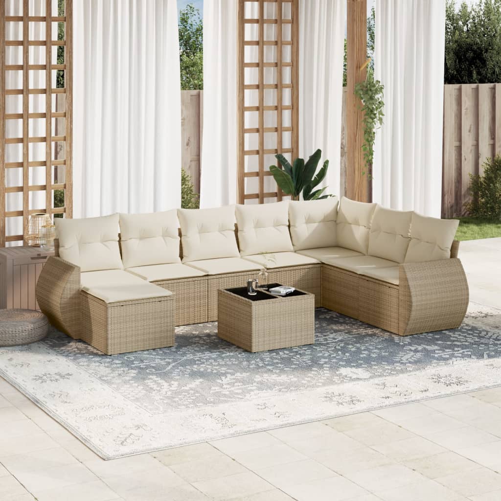 9-tlg. Garten-Sofagarnitur mit Kissen Beige Poly Rattan