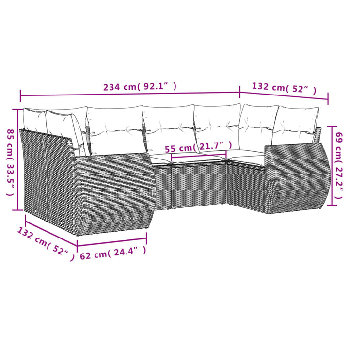 6-tlg. Garten-Sofagarnitur mit Kissen Grau Poly Rattan