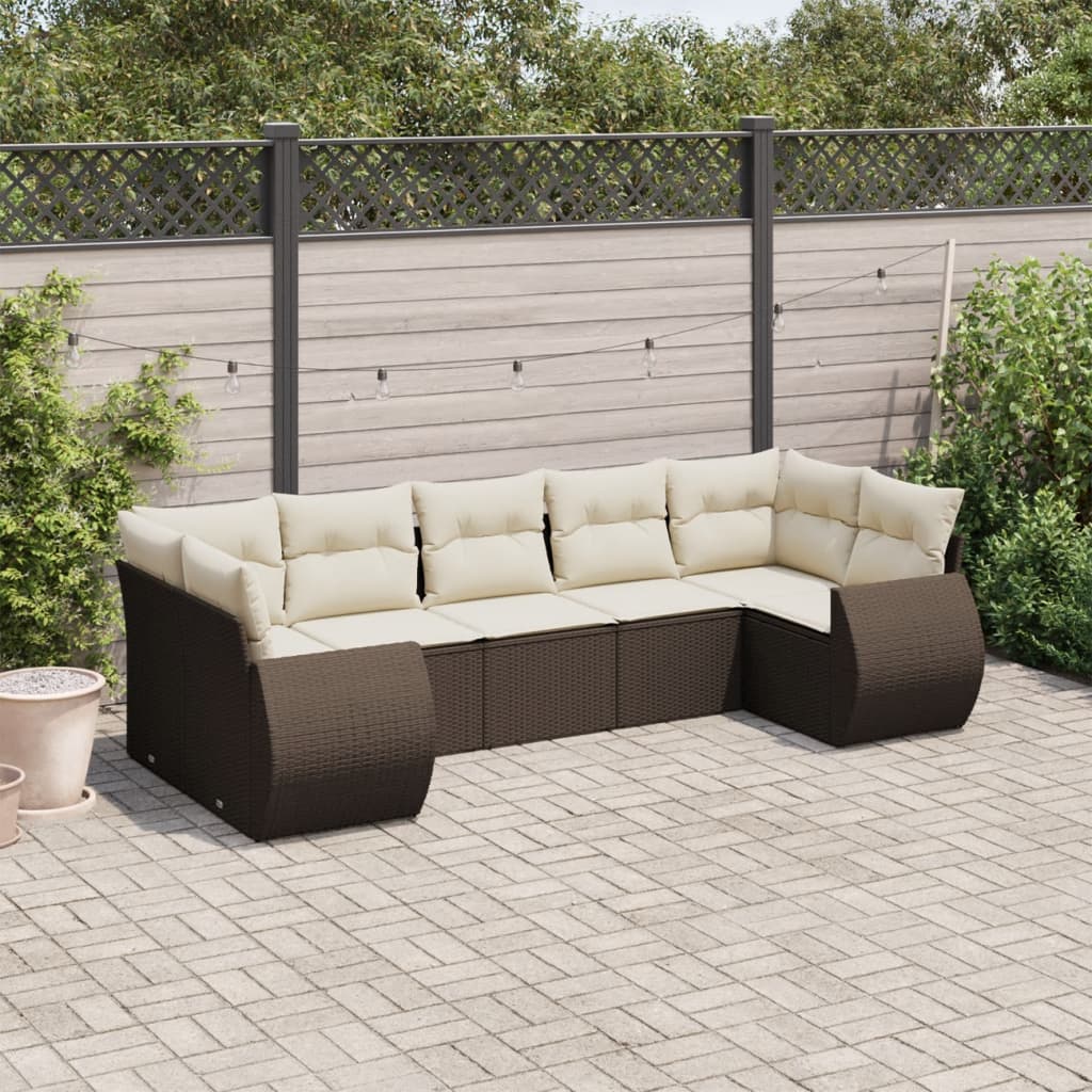 7-tlg. Garten-Sofagarnitur mit Kissen Braun Poly Rattan