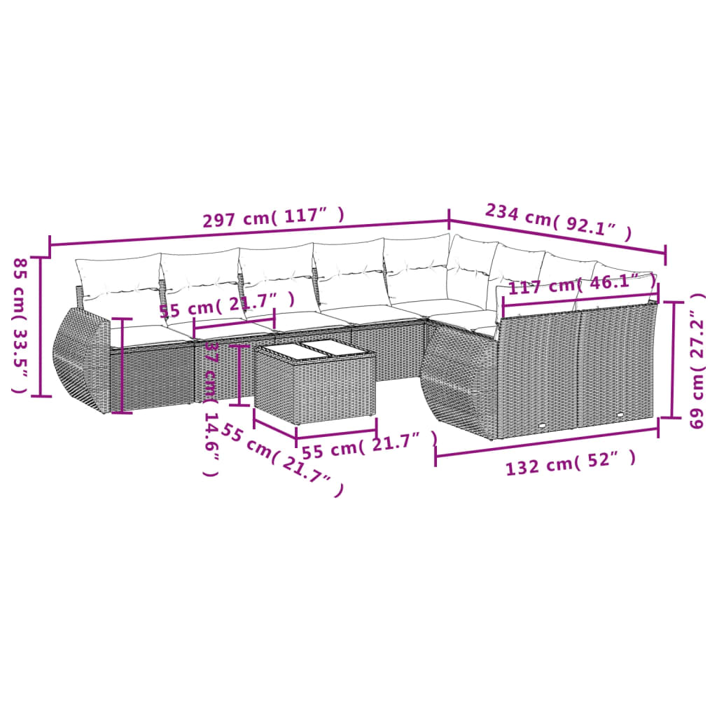 10-tlg. Garten-Sofagarnitur mit Kissen Braun Poly Rattan